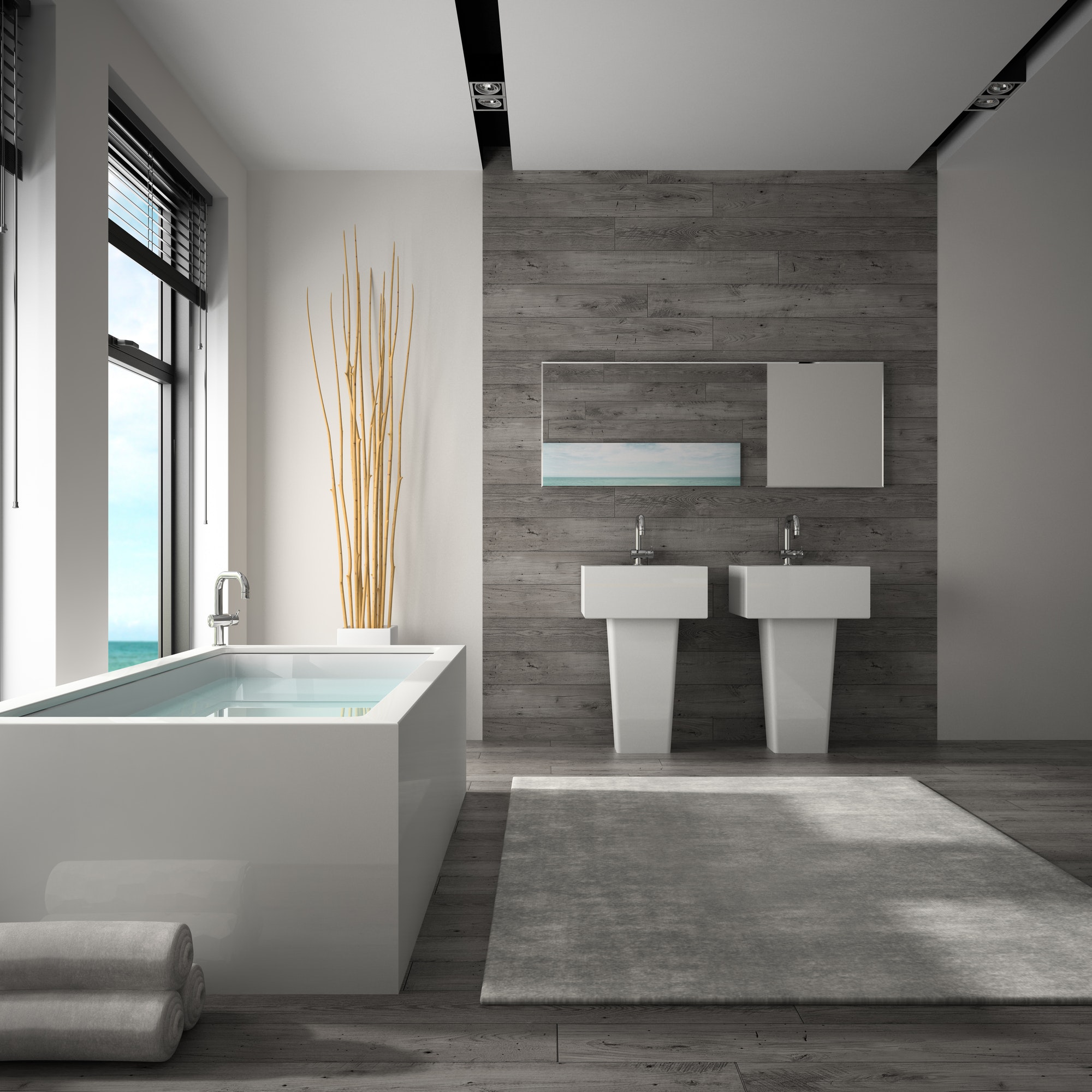 Interior of bathroom with sea view 3D rendering